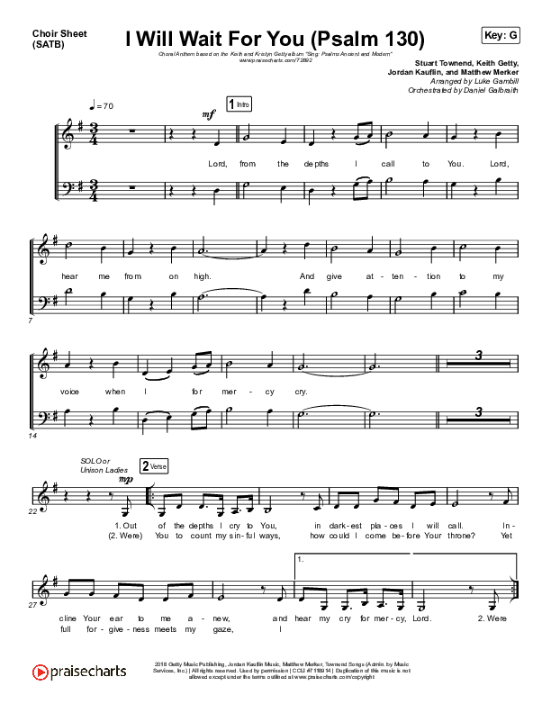 I Will Wait For You (Psalm 130) (Choral Anthem SATB) Choir Sheet (SATB) (Keith & Kristyn Getty / Arr. Luke Gambill)