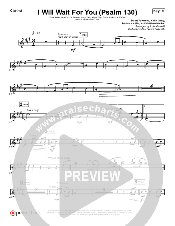 I Will Wait For You (Psalm 130) (Choral Anthem SATB) Clarinet 1,2 (Keith & Kristyn Getty / Arr. Luke Gambill)