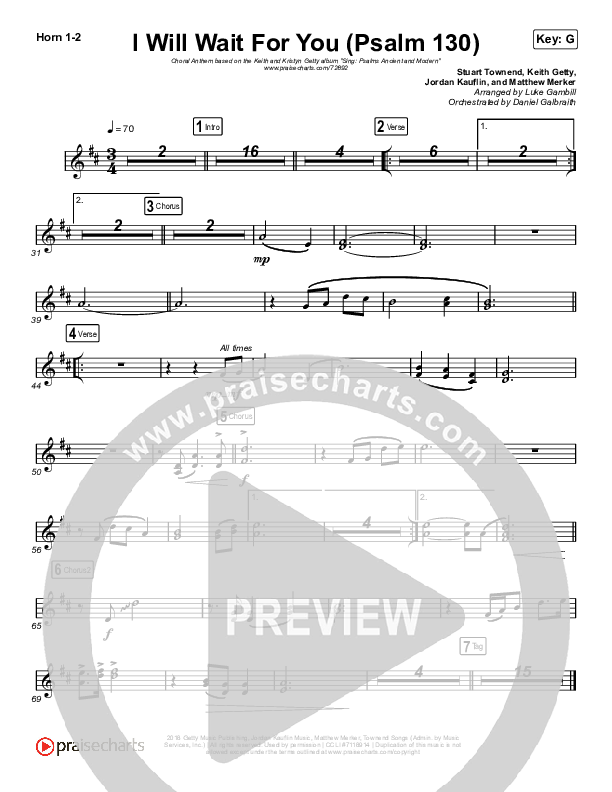 I Will Wait For You (Psalm 130) (Choral Anthem SATB) French Horn 1,2 (Keith & Kristyn Getty / Arr. Luke Gambill)
