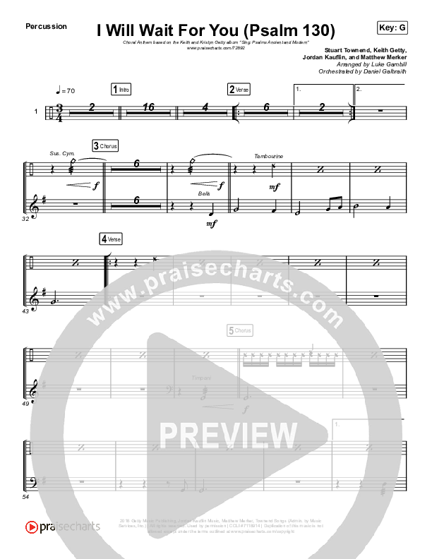 I Will Wait For You (Psalm 130) (Choral Anthem SATB) Percussion (Keith & Kristyn Getty / Arr. Luke Gambill)