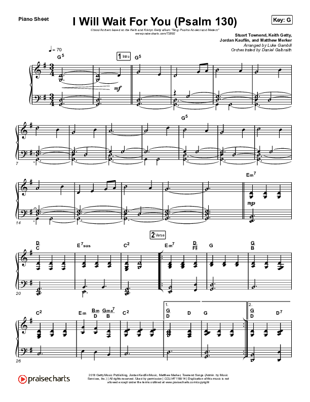 I Will Wait For You (Psalm 130) (Choral Anthem SATB) Piano Sheet (Keith & Kristyn Getty / Arr. Luke Gambill)