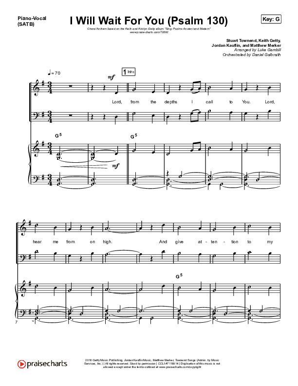 I Will Wait For You (Psalm 130) (Choral Anthem SATB) Piano/Vocal (SATB) (Keith & Kristyn Getty / Arr. Luke Gambill)