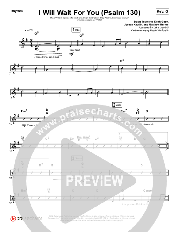 I Will Wait For You (Psalm 130) (Choral Anthem SATB) Rhythm Chart (Keith & Kristyn Getty / Arr. Luke Gambill)