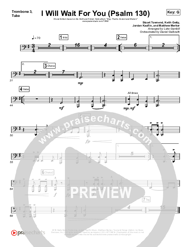 I Will Wait For You (Psalm 130) (Choral Anthem SATB) Trombone 3/Tuba (Keith & Kristyn Getty / Arr. Luke Gambill)