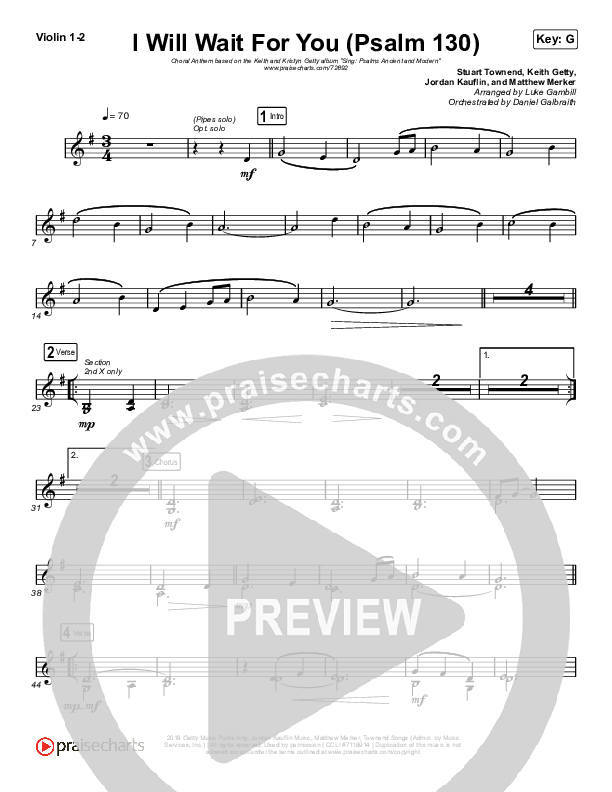 I Will Wait For You (Psalm 130) (Choral Anthem SATB) Violin 1,2 (Keith & Kristyn Getty / Arr. Luke Gambill)