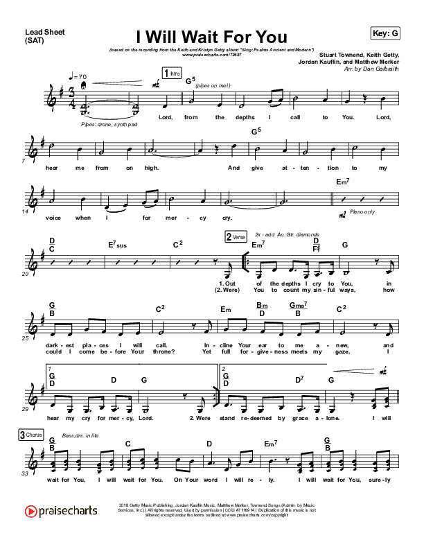 I Will Wait For You (Psalm 130) (Choral Anthem SATB) Lead Sheet (SAT) (Keith & Kristyn Getty / Arr. Luke Gambill)