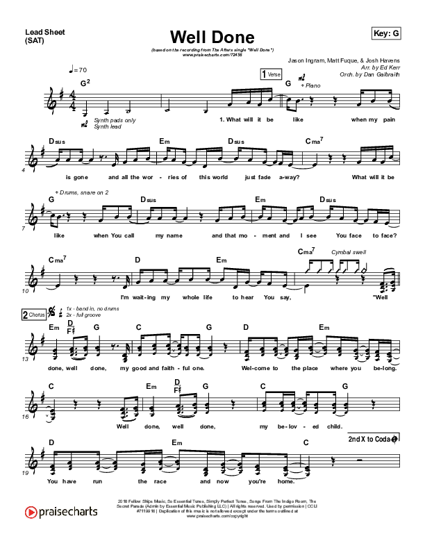 Well Done (Choral Anthem SATB) Lead Sheet (SAT) (The Afters / Arr. Luke Gambill)