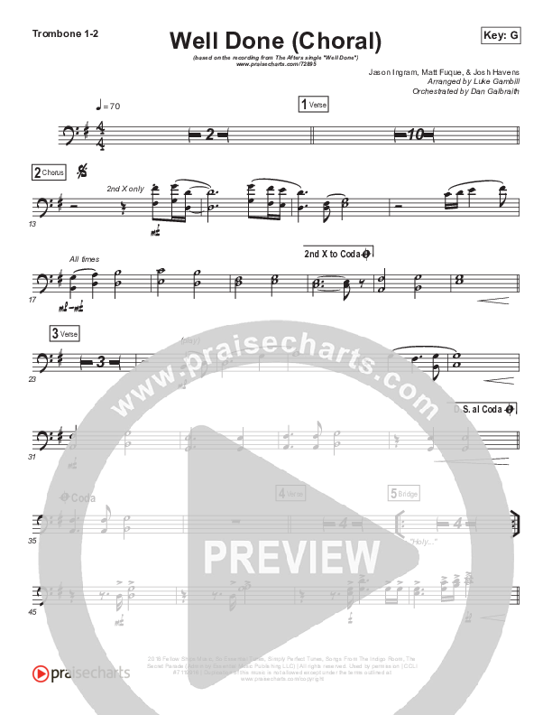 Well Done (Choral Anthem SATB) Trombone 1/2 (The Afters / Arr. Luke Gambill)