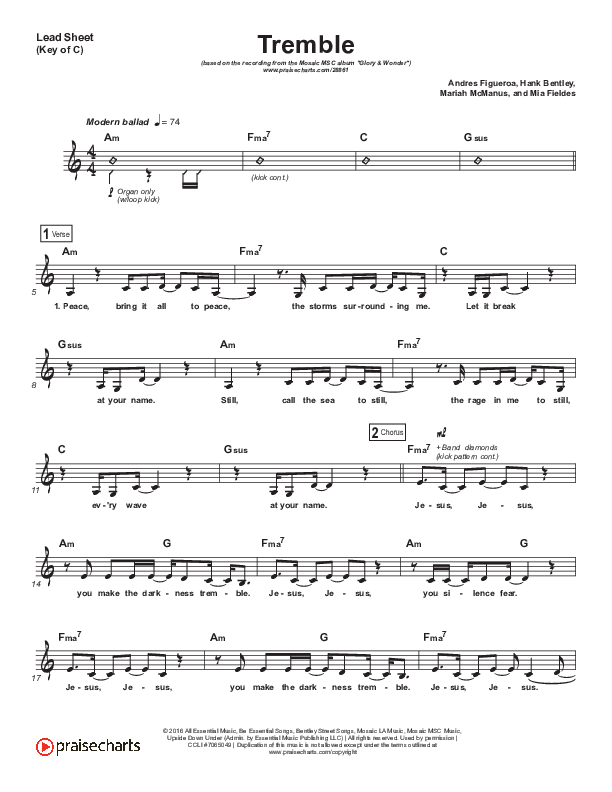 Tremble (Choral Anthem SATB) Lead Sheet (Melody) (Mosaic MSC / Arr. Luke Gambill)