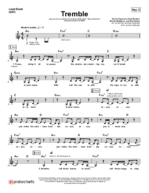 Tremble (Choral Anthem SATB) Lead Sheet (SAT) (Mosaic MSC / Arr. Luke Gambill)