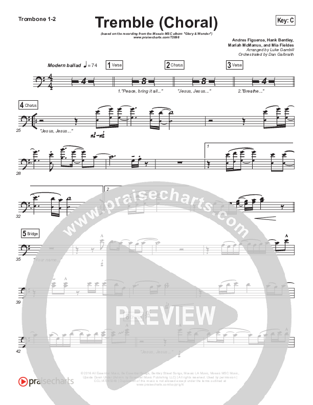 Tremble (Choral Anthem SATB) Trombone 1/2 (Mosaic MSC / Arr. Luke Gambill)