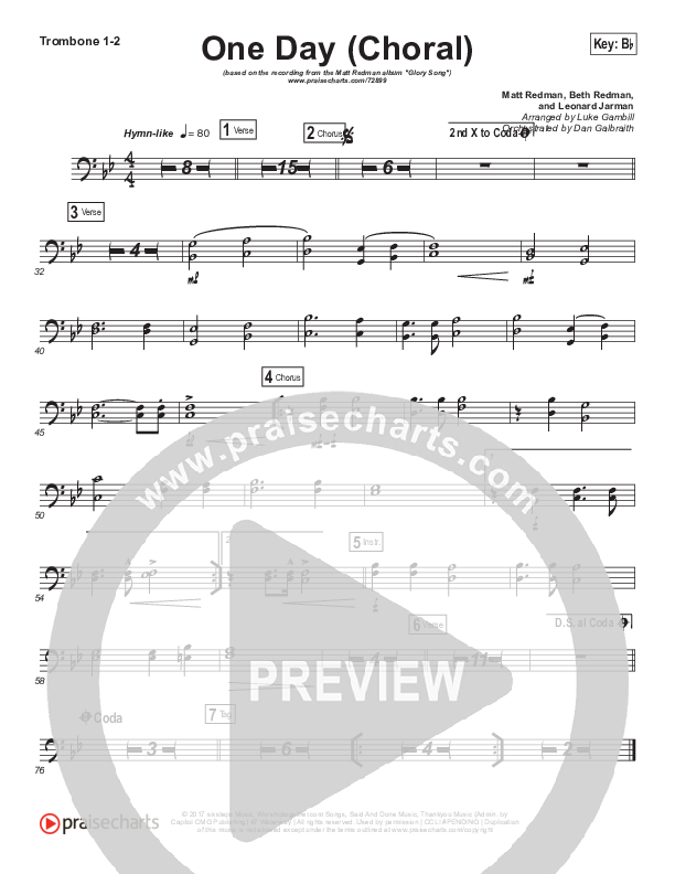 One Day (When We All Get To Heaven) (Choral Anthem SATB) Trombone 1/2 (Matt Redman / Arr. Luke Gambill)