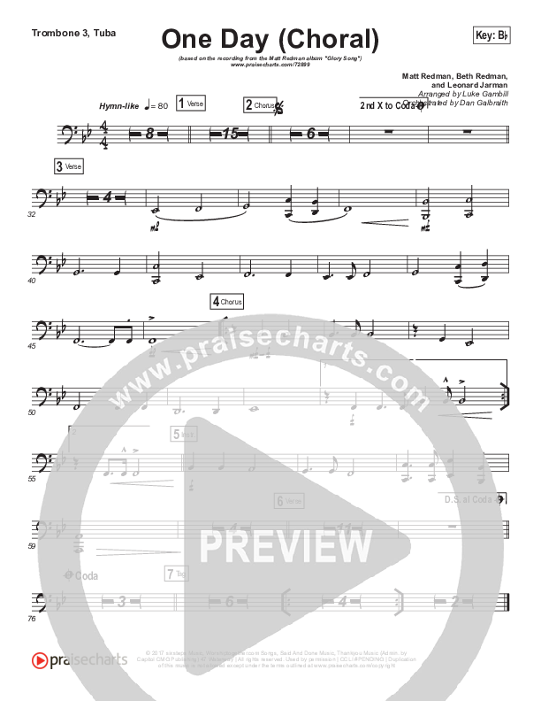 One Day (When We All Get To Heaven) (Choral Anthem SATB) Trombone 3/Tuba (Matt Redman / Arr. Luke Gambill)