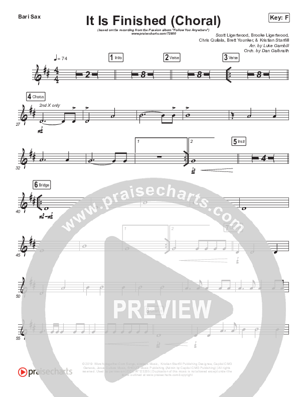 It Is Finished (Choral Anthem SATB) Bari Sax (Passion / Melodie Malone / Arr. Luke Gambill)