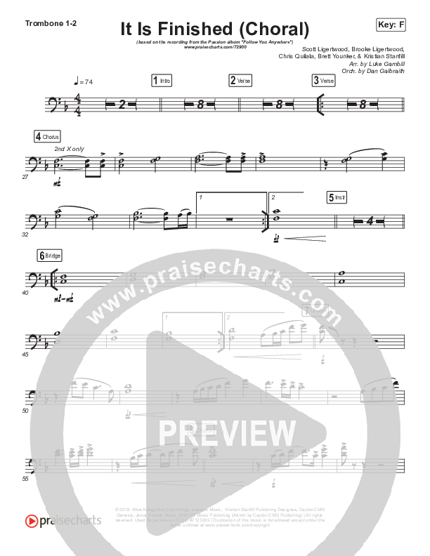 It Is Finished (Choral Anthem SATB) Trombone 1/2 (Passion / Melodie Malone / Arr. Luke Gambill)