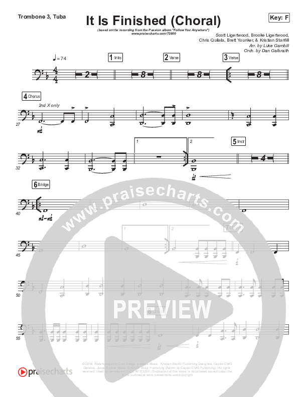 It Is Finished (Choral Anthem SATB) Trombone 3/Tuba (Passion / Melodie Malone / Arr. Luke Gambill)
