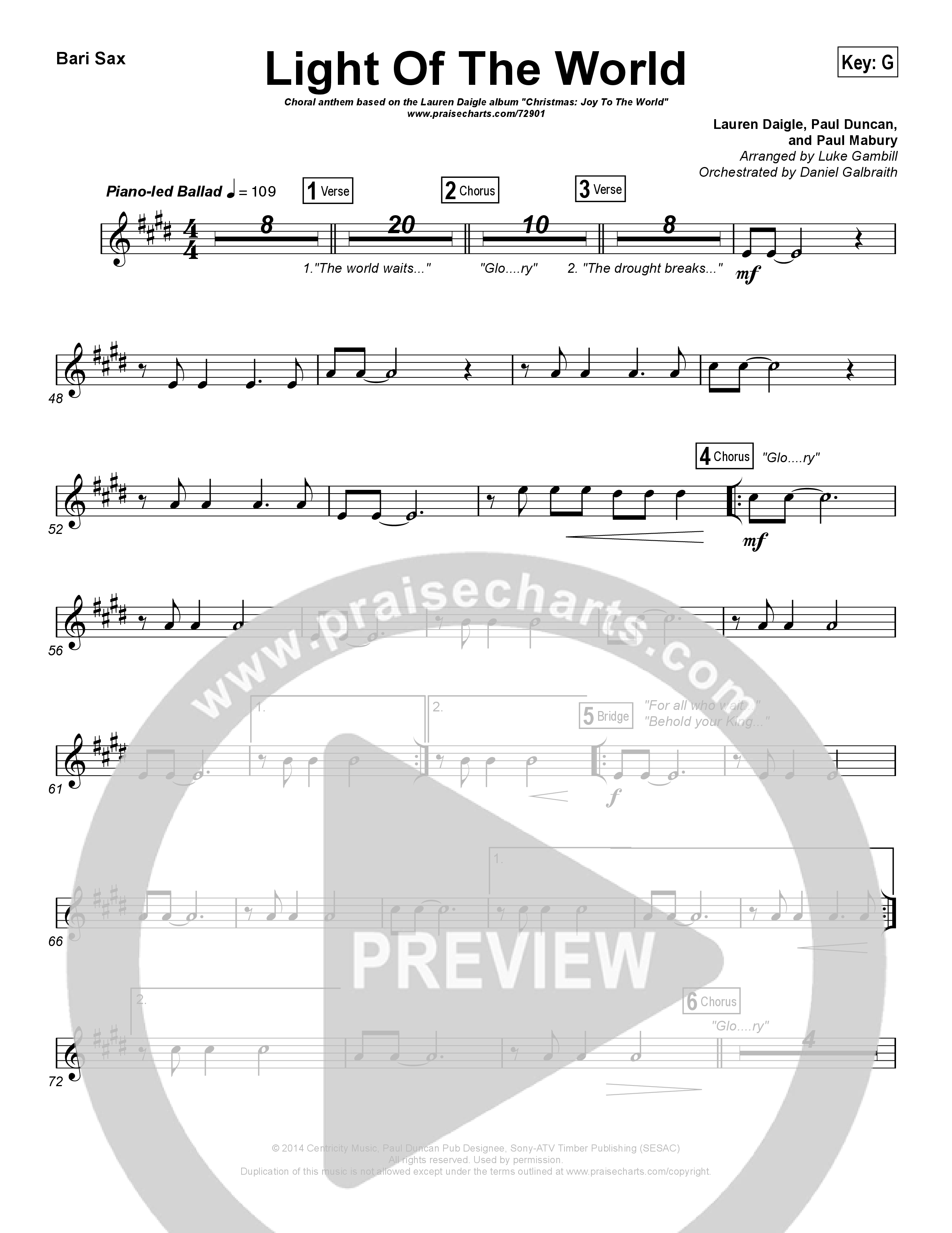 Light Of The World (Choral Anthem SATB) Bari Sax (Lauren Daigle / Arr. Luke Gambill)