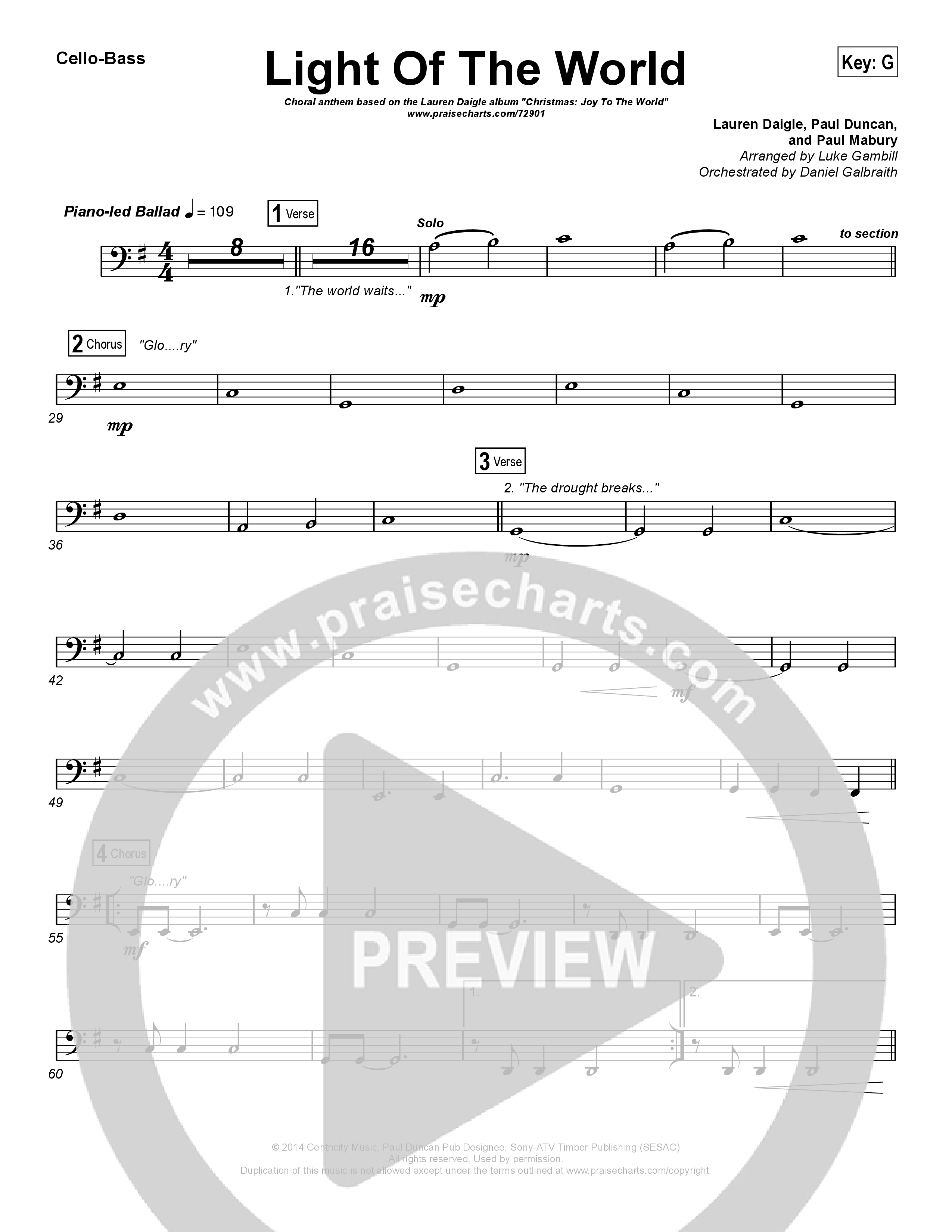 Light Of The World (Choral Anthem SATB) Cello/Bass (Lauren Daigle / Arr. Luke Gambill)