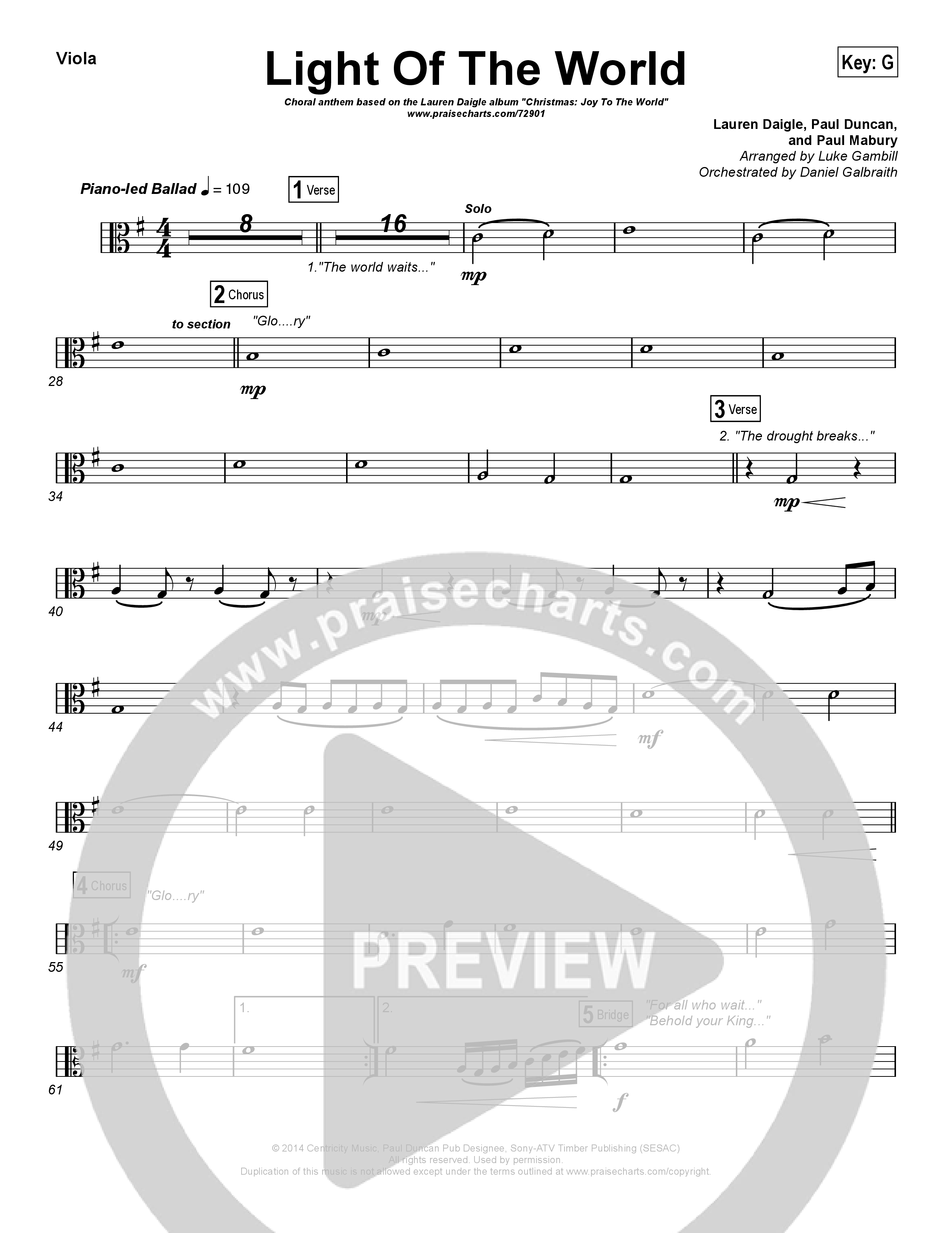 Light Of The World (Choral Anthem SATB) Viola (Lauren Daigle / Arr. Luke Gambill)