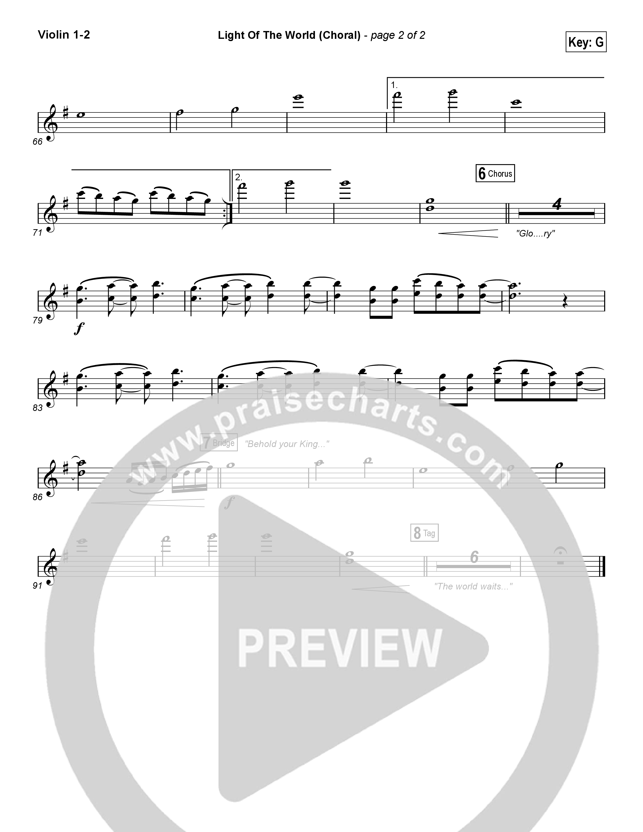 Light Of The World (Choral Anthem SATB) Violin 1/2 (Lauren Daigle / Arr. Luke Gambill)