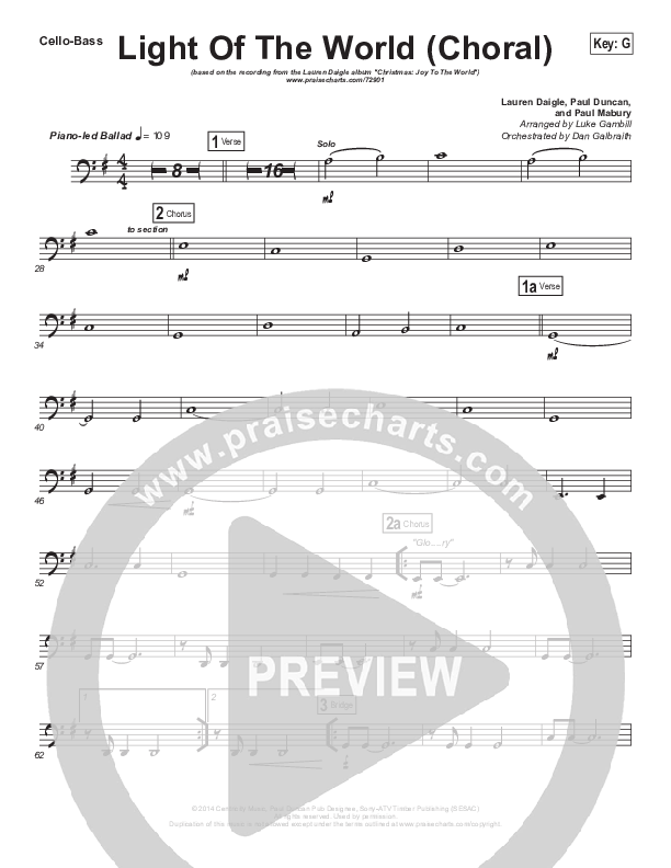 Light Of The World (Choral Anthem SATB) Cello/Bass (Lauren Daigle / Arr. Luke Gambill)