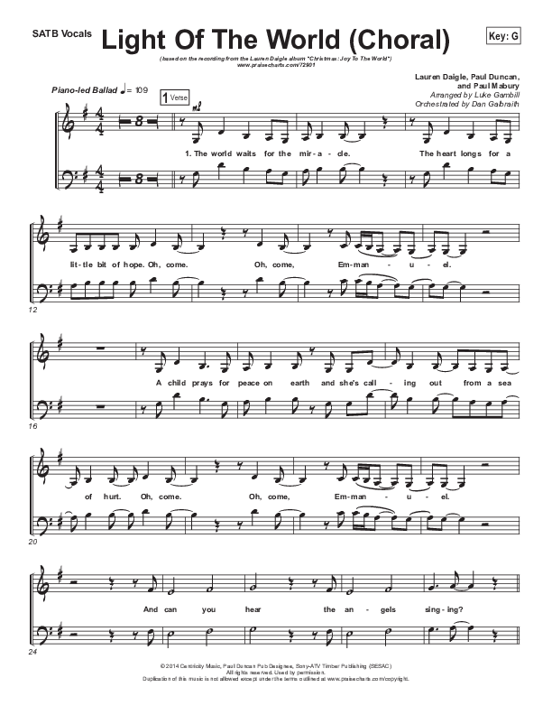 Light Of The World (Choral Anthem SATB) Choir Sheet (SATB) (Lauren Daigle / Arr. Luke Gambill)