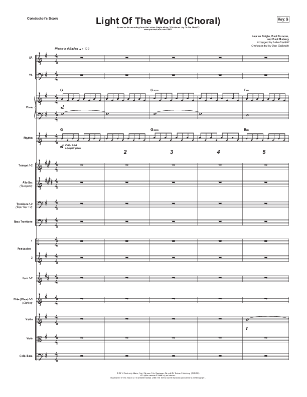 Light Of The World (Choral Anthem SATB) Conductor's Score (Lauren Daigle / Arr. Luke Gambill)