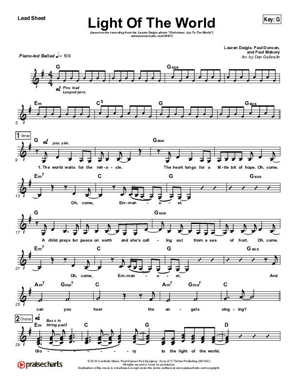 Light Of The World (Choral Anthem SATB) Lead Sheet (Lauren Daigle / Arr. Luke Gambill)