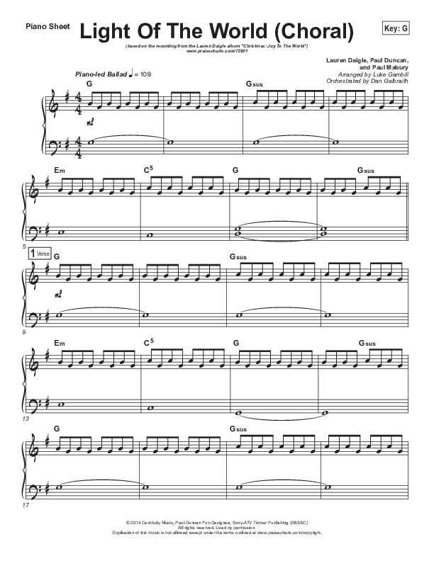 Light Of The World (Choral Anthem SATB) Piano Sheet (Lauren Daigle / Arr. Luke Gambill)