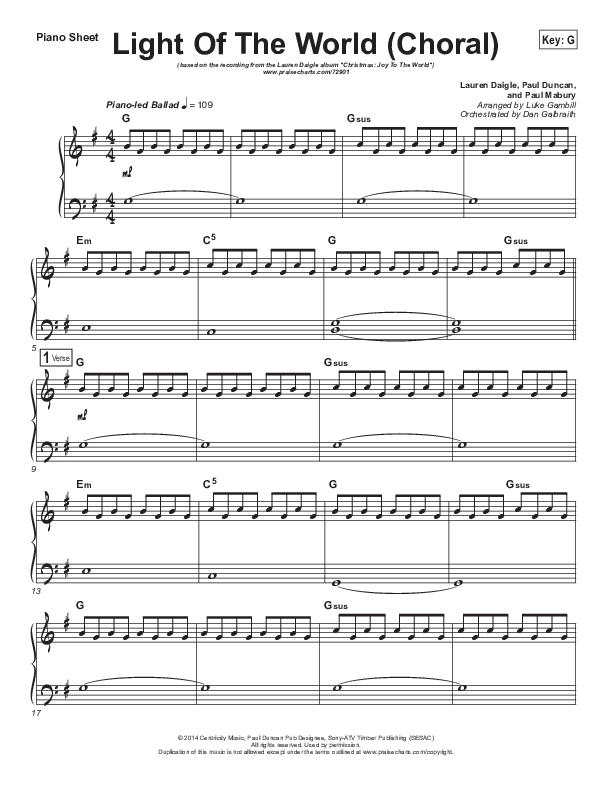 Light Of The World (Choral Anthem SATB) Piano Sheet (Lauren Daigle / Arr. Luke Gambill)