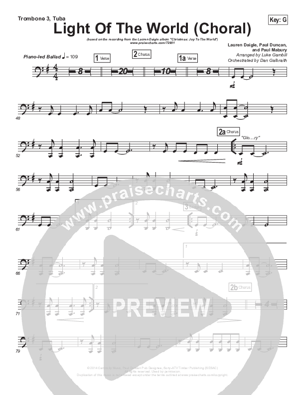 Light Of The World (Choral Anthem SATB) Trombone 3/Tuba (Lauren Daigle / Arr. Luke Gambill)
