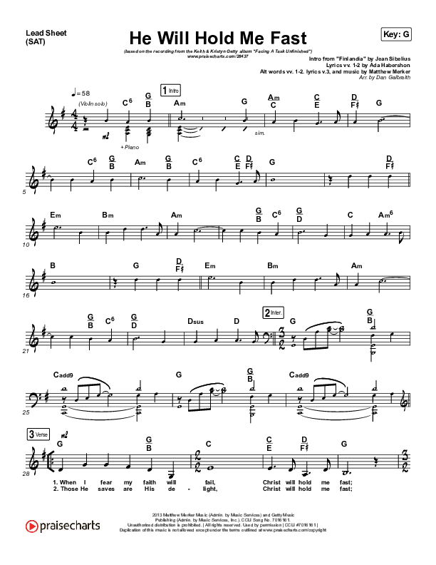 He Will Hold Me Fast (Choral Anthem SATB) Lead Sheet (SAT) (Keith & Kristyn Getty / Arr. Luke Gambill)