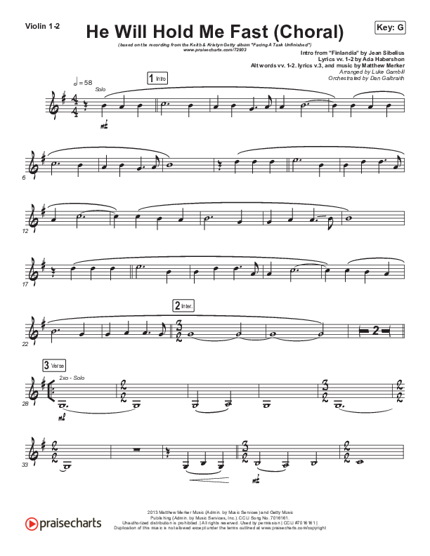 He Will Hold Me Fast (Choral Anthem SATB) Violin 1,2 (Keith & Kristyn Getty / Arr. Luke Gambill)