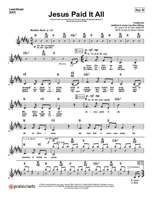 Jesus Paid It All (Choral Anthem SATB) Lead Sheet (SAT) (Passion / Kristian Stanfill / Arr. Luke Gambill)