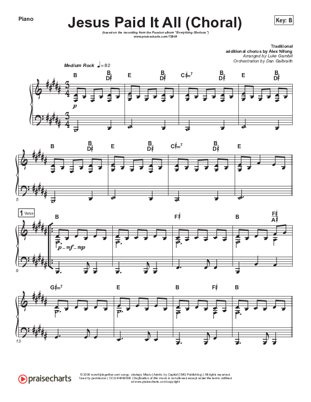 Jesus Paid It All (Choral Anthem SATB) Piano Sheet (Passion / Kristian Stanfill / Arr. Luke Gambill)