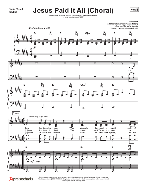 Jesus Paid It All (Choral Anthem SATB) Piano/Vocal Pack (Passion / Kristian Stanfill / Arr. Luke Gambill)