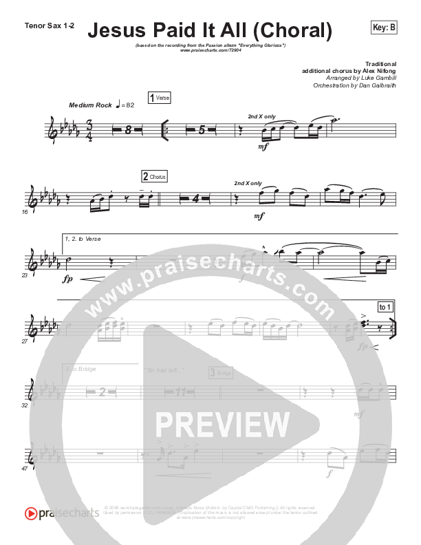 Jesus Paid It All (Choral Anthem SATB) Tenor Sax 1/2 (Passion / Kristian Stanfill / Arr. Luke Gambill)