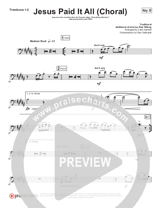 Jesus Paid It All (Choral Anthem SATB) Trombone 1/2 (Passion / Kristian Stanfill / Arr. Luke Gambill)