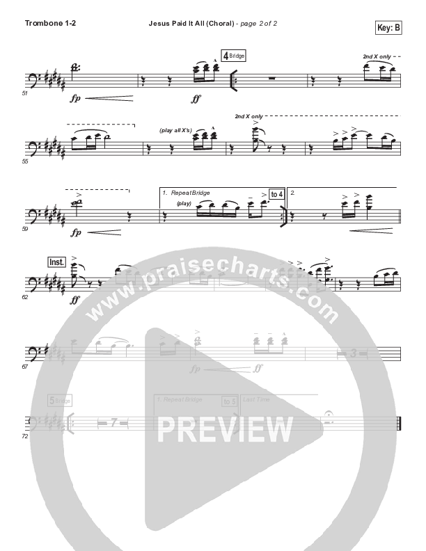 Jesus Paid It All (Choral Anthem SATB) Trombone 1/2 (Passion / Kristian Stanfill / Arr. Luke Gambill)