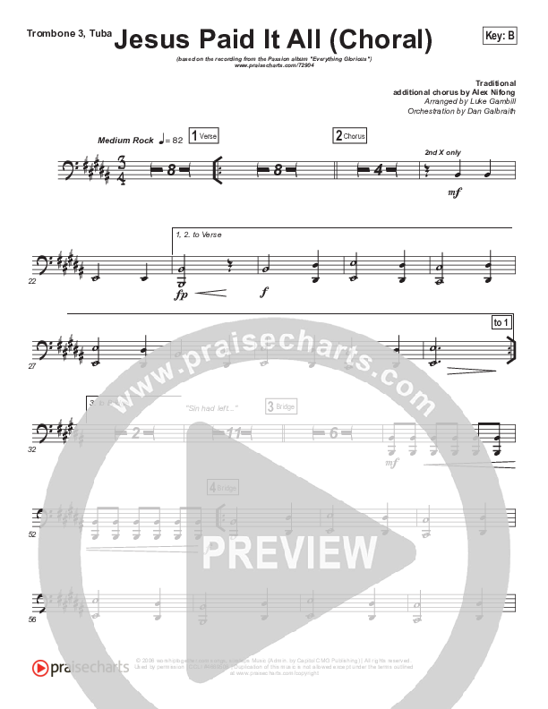 Jesus Paid It All (Choral Anthem SATB) Trombone 3/Tuba (Passion / Kristian Stanfill / Arr. Luke Gambill)