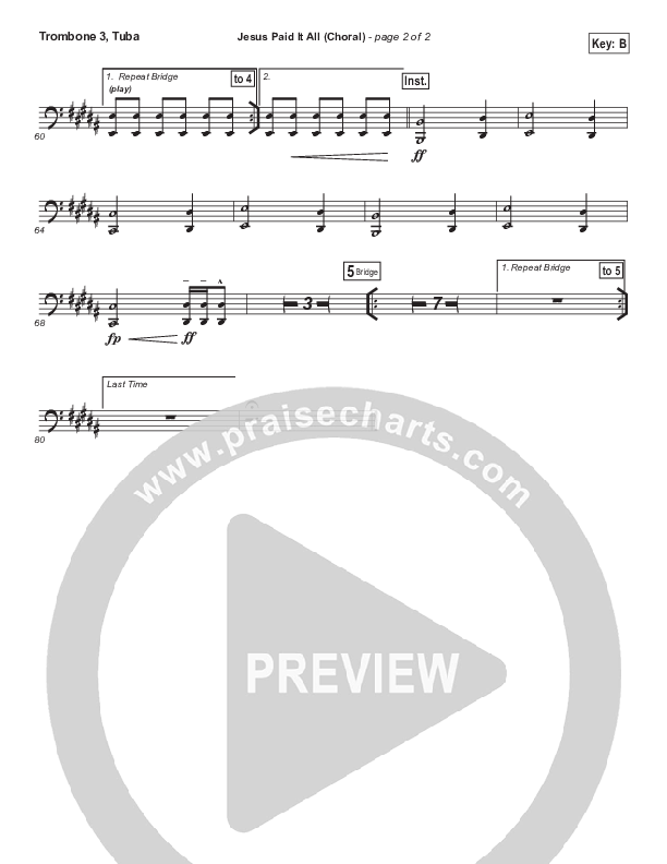 Jesus Paid It All (Choral Anthem SATB) Trombone 3/Tuba (Passion / Kristian Stanfill / Arr. Luke Gambill)