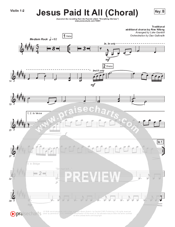 Jesus Paid It All (Choral Anthem SATB) Violin 1/2 (Passion / Kristian Stanfill / Arr. Luke Gambill)