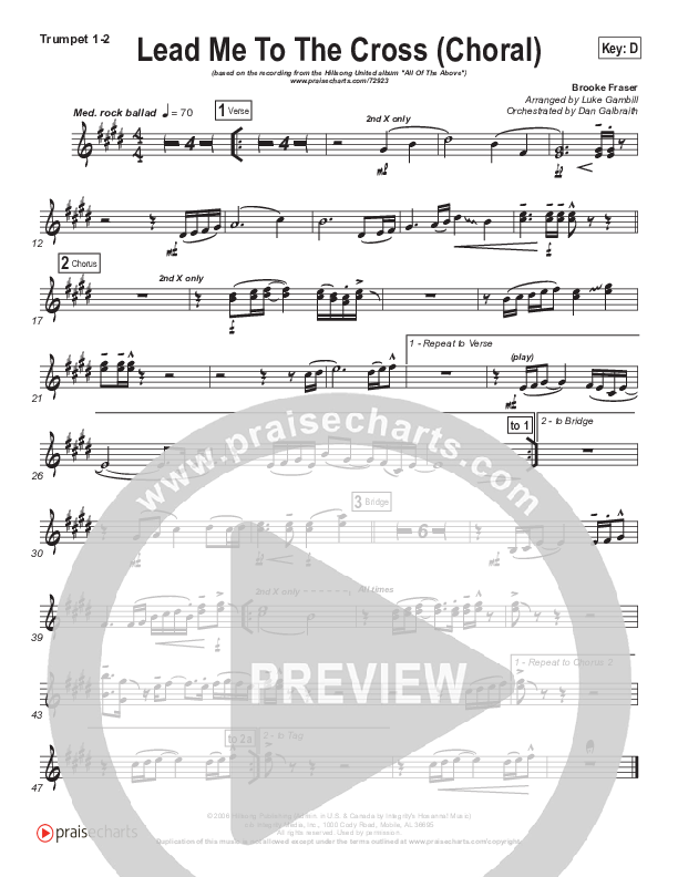 Lead Me To The Cross (Choral Anthem SATB) Trumpet 1,2 (Hillsong UNITED / Arr. Luke Gambill)