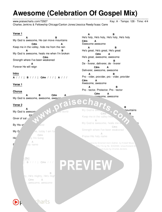 Awesome (Celebration Of Gospel Mix) Chords & Lyrics (Charles Jenkins & Fellowship Chicago / Canton Jones / Jessica Reedy / Isaac Carree / Da Truth)