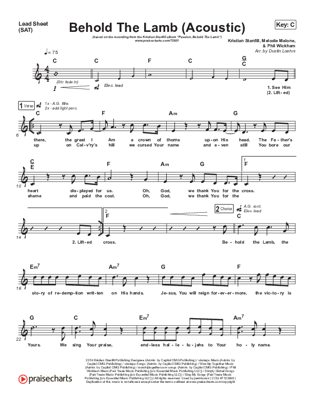 Behold The Lamb (Acoustic) Lead Sheet (SAT) (Kristian Stanfill / Passion)