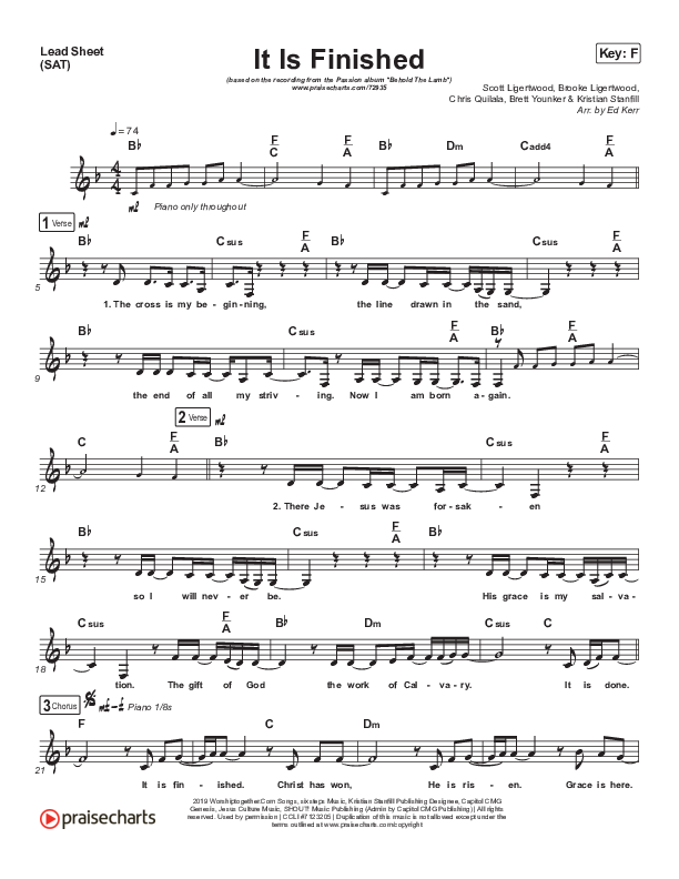 It Is Finished (Acoustic) Lead Sheet (SAT) (Melodie Malone / Passion)
