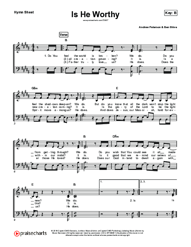 Is He Worthy Hymn Sheet (Andrew Peterson)