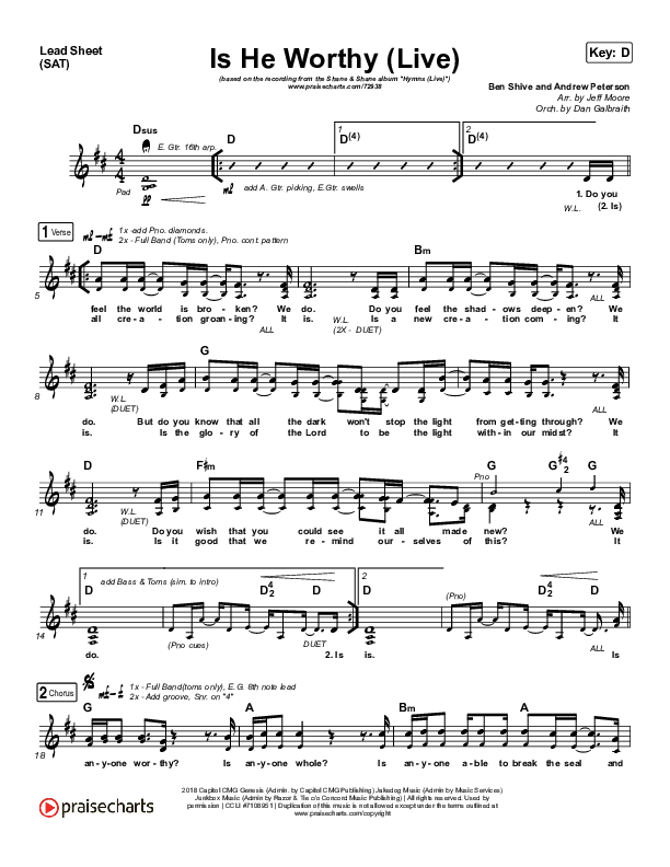 Is He Worthy (Live) Lead Sheet (SAT) (Shane & Shane)