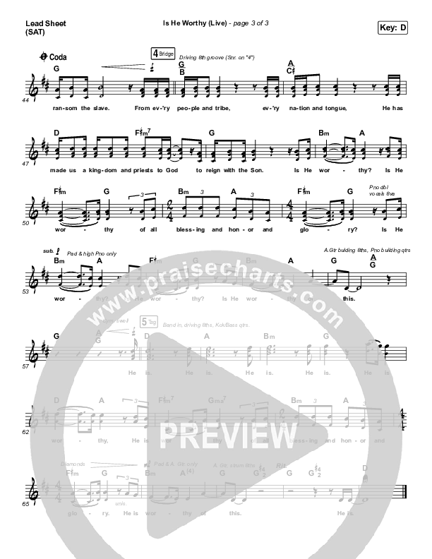 Is He Worthy (Live) Lead Sheet (SAT) (Shane & Shane)