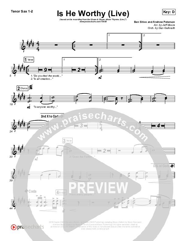 Is He Worthy (Live) Tenor Sax 1,2 (Shane & Shane)